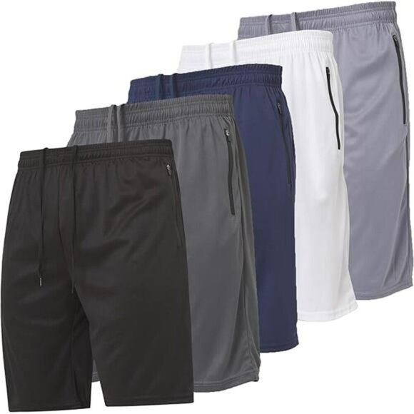 Mens 5 Pack Athletic Running Shorts Gym Basketball Workout Zipper Pockets - Picture 7 of 7